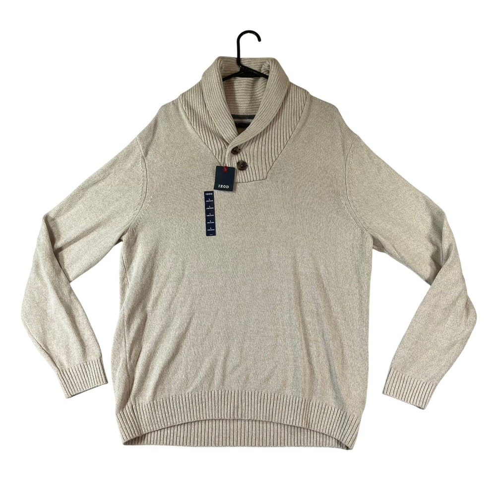 NEW IZOD Sweater Mens L Shawl Collar Button Rock Heather Tan 100% Cotton NWT